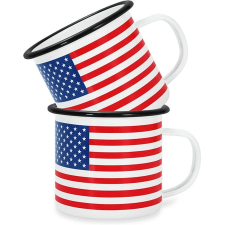 2 Pcs Patriotic Mugs 4th of July American Flag Enamel Coffee Cups 12 Oz Drinking Mug Gifts for Independence Day Home Party Dinner School Office Table Centerpieces Housewarming