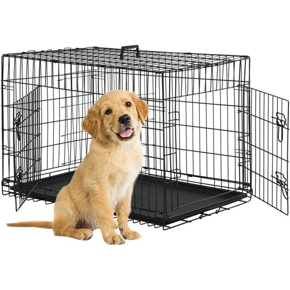 SAEWUD 24/30/36/42/48 Inch Large Dog Crate – Foldable Metal Wire Kennel with Double-Door, Divider Panel & Removable Tray for Indoor/Outdoor Use. (Black, 24")