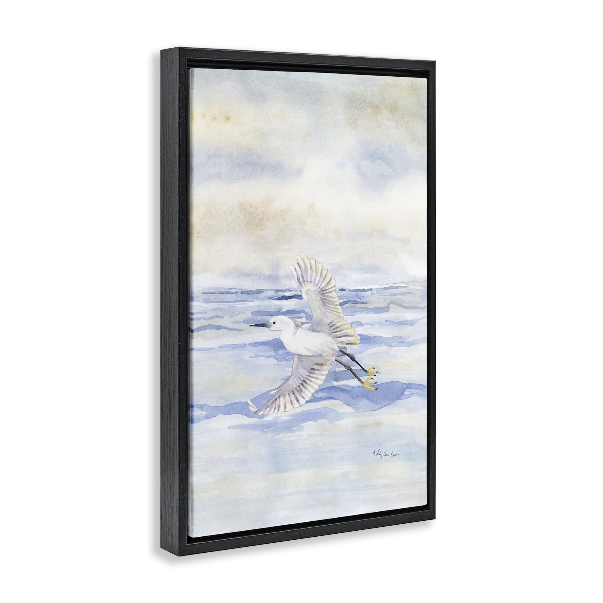 Stupell Industries Flying Heron Over Water Landscape Painting Black Floater Framed Canvas Art Print Wall Art, 21 x 31