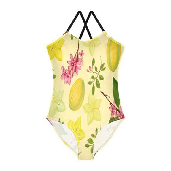 Girls' One-piece Swimsuit Cross Back Bathing Suit Beach Surfing Sizes 3T Star Fruit Pattern