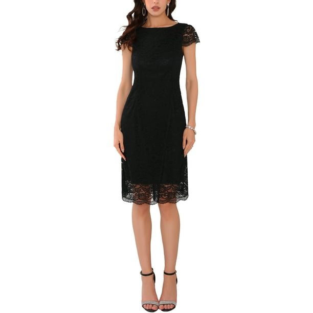 INSPIRAR CHIC Vestidos Midi de Cóctel para Invitadas de Boda con Manga Corta de Encaje Floral y Cuello Barco Negro 2XL