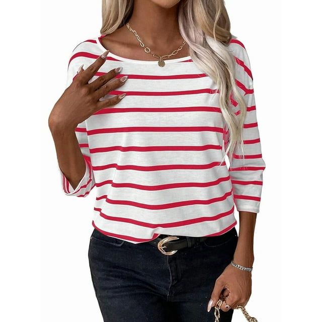 Womens 3/4 Length Sleeve Tops Striped Boat Neck Shirt Frenchy Cotton Tees Red XXL