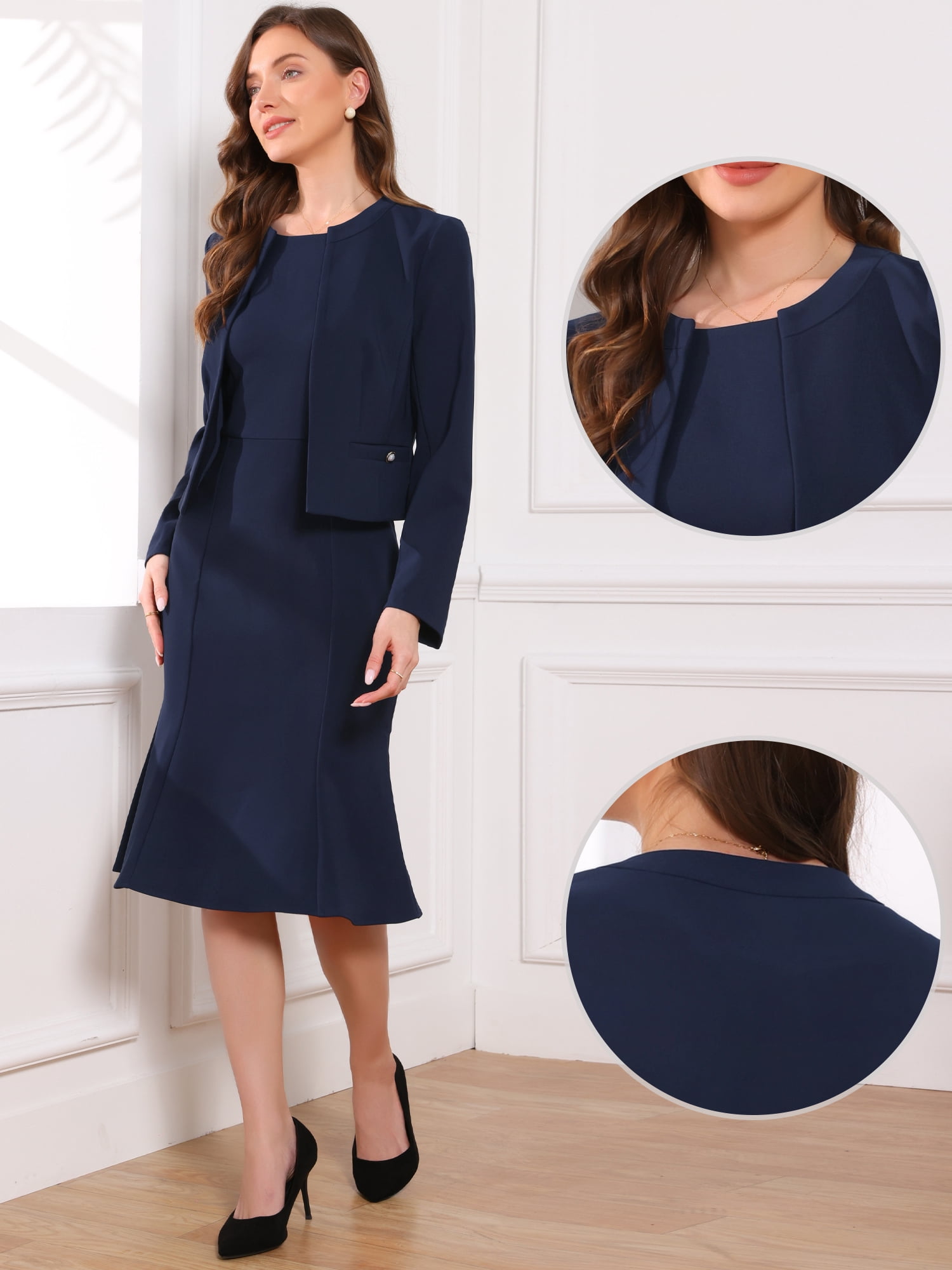 DARING DIVA Women's 2Pcs Suit Sleeveless Dress Crop Blazer Set M Dark Blue