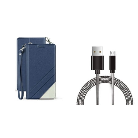 BC Synthetic PU Leather Magnetic Flip Cover Wallet Case (Dark Blue) with Metal Micro USB Cable (3 Feet) and Atom Cloth for Samsung Galaxy Amp Prime 3 2018