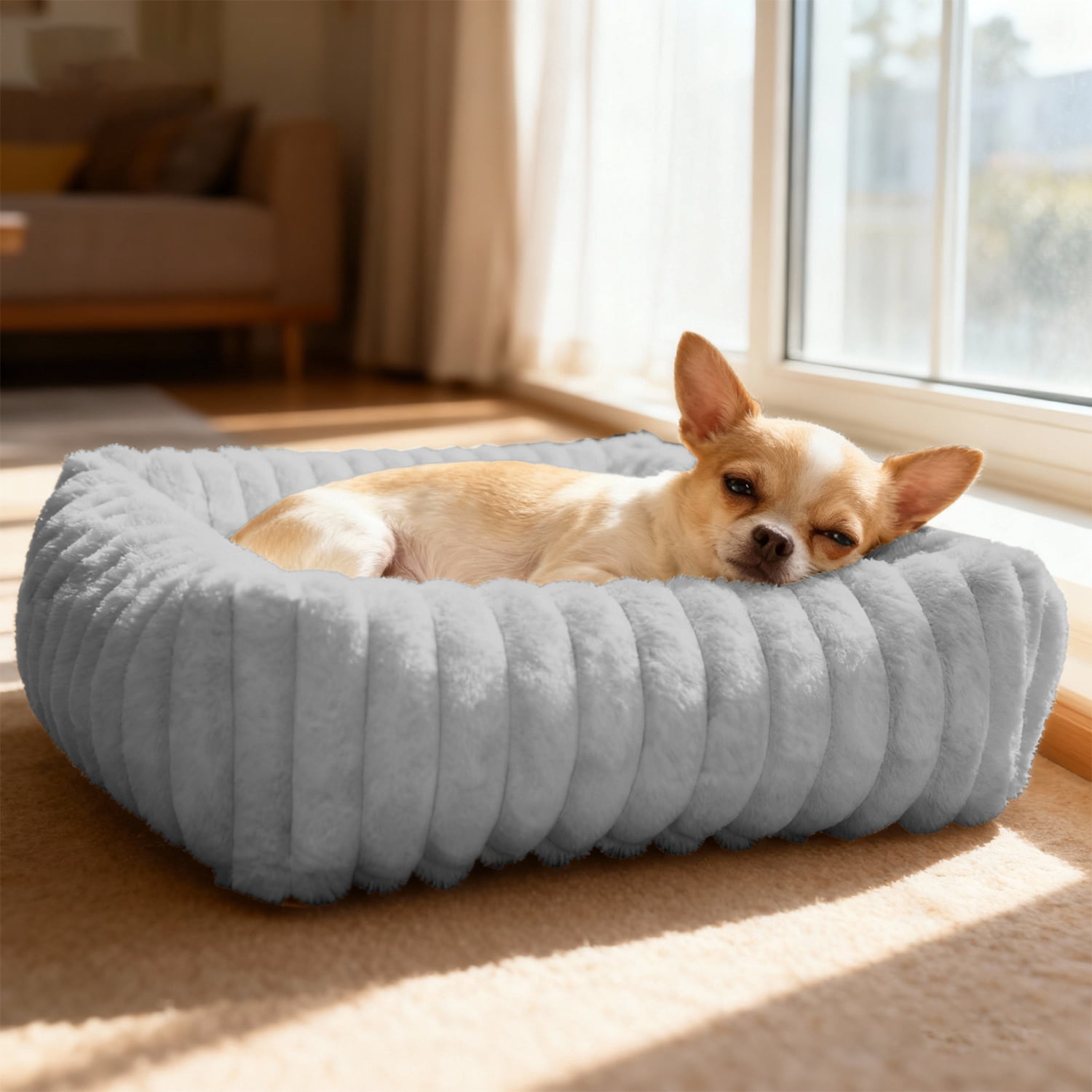 Sanmadrola Cat Bed for Indoor Cats Furry Corduroy Fleece Orthopedic Pet Bed Sofa Removable Washable Cover Non Skid Bottom, Grey