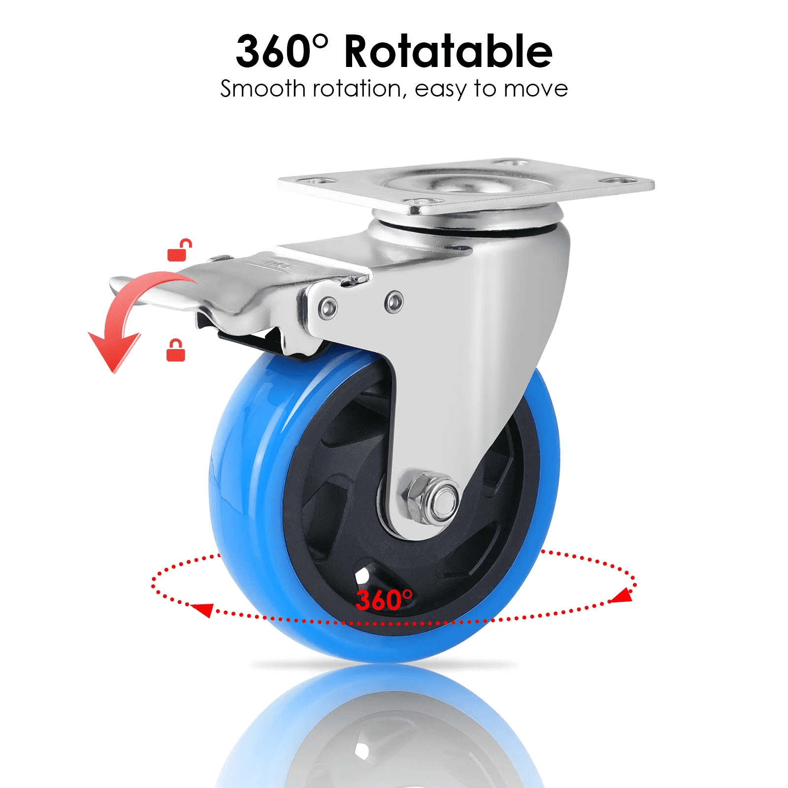 TLGREEN 4pc 4 inch 360° Swivel Caster Wheels with Brakes, 1322lbs Capacity, Polyurethane, for Office Chair & Industrial Use