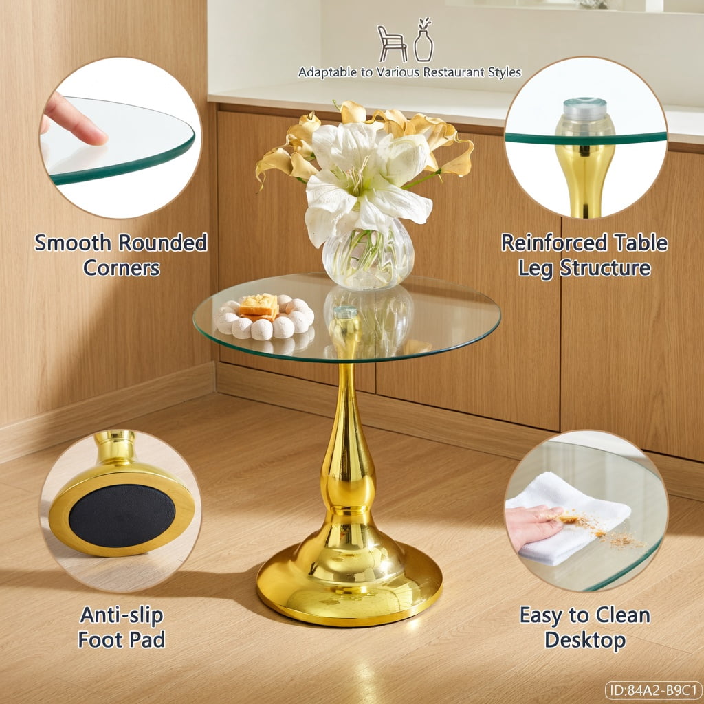 Hommoo Modern Metal Side Table with Tempered Glass Top, 20.3 in Height, Round 19.6 in Diameter, Indoor & Outdoor Use, Gold