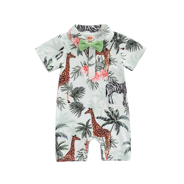Canrulo Newborn Baby Boy Summer Clothes Short Sleeve Animal Leaves Lapel Jumpsuit Baby Romper