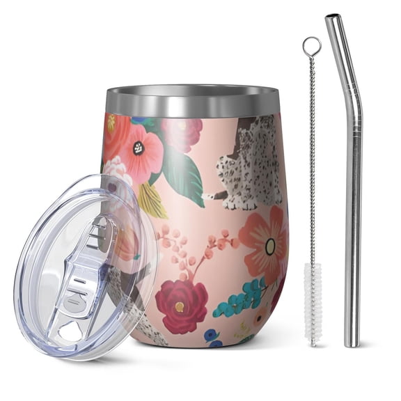 12oz Stemless Wine Tumblers Dogs with Pioneer Flower Vacuum Insulated Stainless Steel Travel Tumbler Cups Mug with Lid and Straw for Champaign,Cocktail,Beer with Cleaning Brush