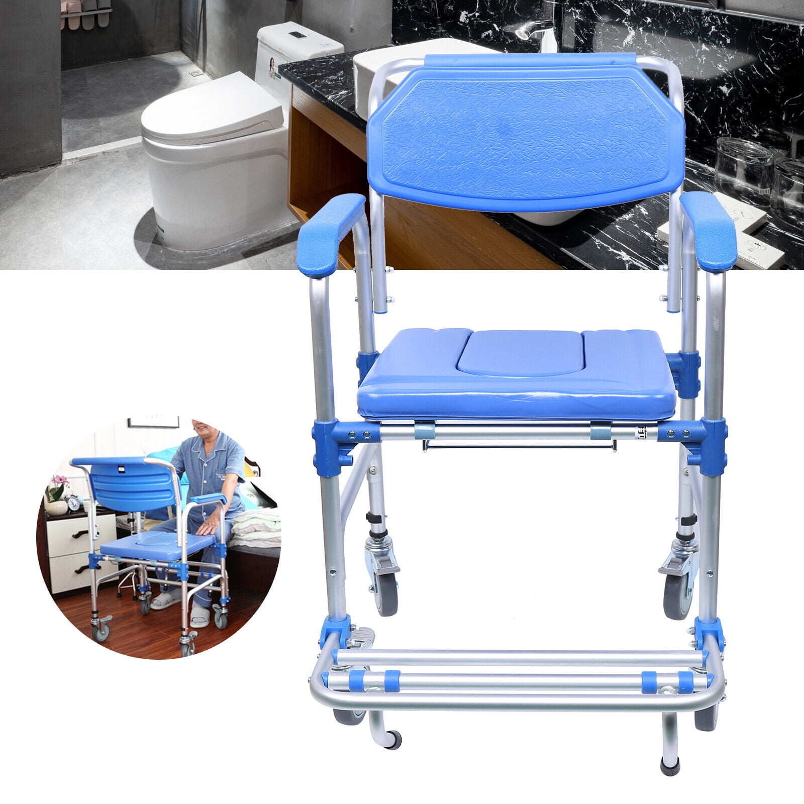 Foldable Shower Wheelchair,Elderly Potty Transport Chair,350lb Beside Commode Bath Wheelchair Hight Adjustable,Flip Up Footrests Perfect for Handicap Disabled Travel Use