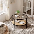 thumbnail image 1 of Boho 2-Tier Rattan Coffee Table – 30 Inch Round Center Table with Water-Wave Tempered Glass Top, Storage Shelf, Metal Frame, Modern Living Room Furniture, Easy Assembly, Black+Yellow, 1 of 8