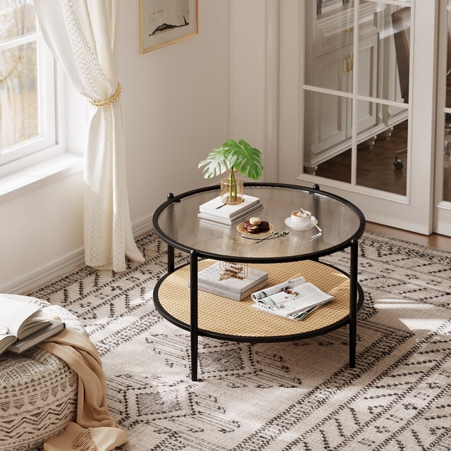 Boho 2-Tier Rattan Coffee Table – 30 Inch Round Center Table with Water-Wave Tempered Glass Top, Storage Shelf, Metal Frame, Modern Living Room Furniture, Easy Assembly, Black+Yellow