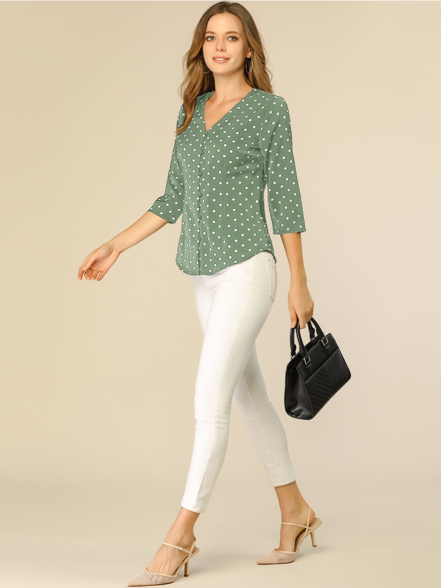 DARING DIVA Women's V Neck Polka Dots 3/4 Sleeve Casual Button Blouse XL Olive Green