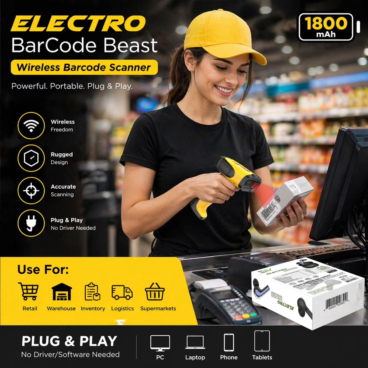 Electronic World Wireless 2D Barcode Scanner, USB QR Code Reader with Stand, High Speed Automatic Scanner for Inventory, Retail, Warehouse, POS & Small Business  Plug & Play with USB Receiver