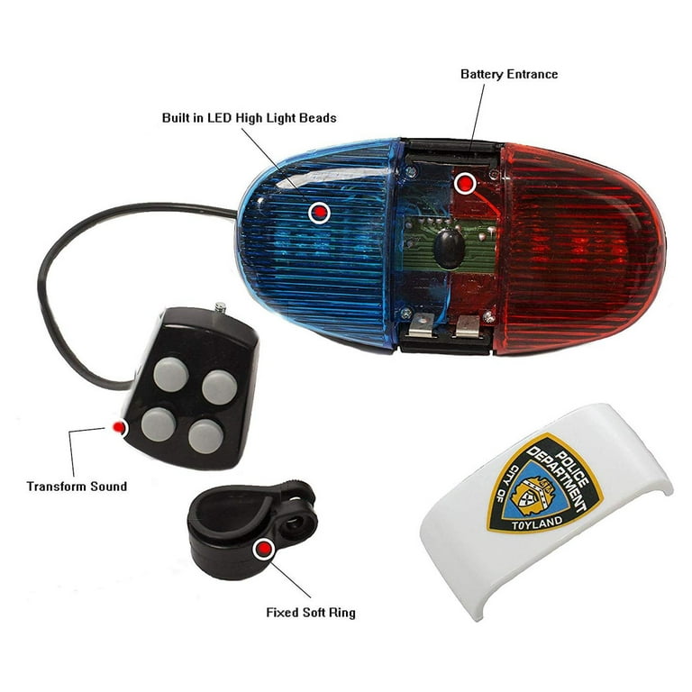 Kids Tech Bike LED light - Police Sound Light Electronic Horn - Bicycle  Siren, 5 LED Light 4 Sounds Trumpet, Warning Safety Light, Waterproof  Bicycle Lights Accessories, (Batteries Not Included) 