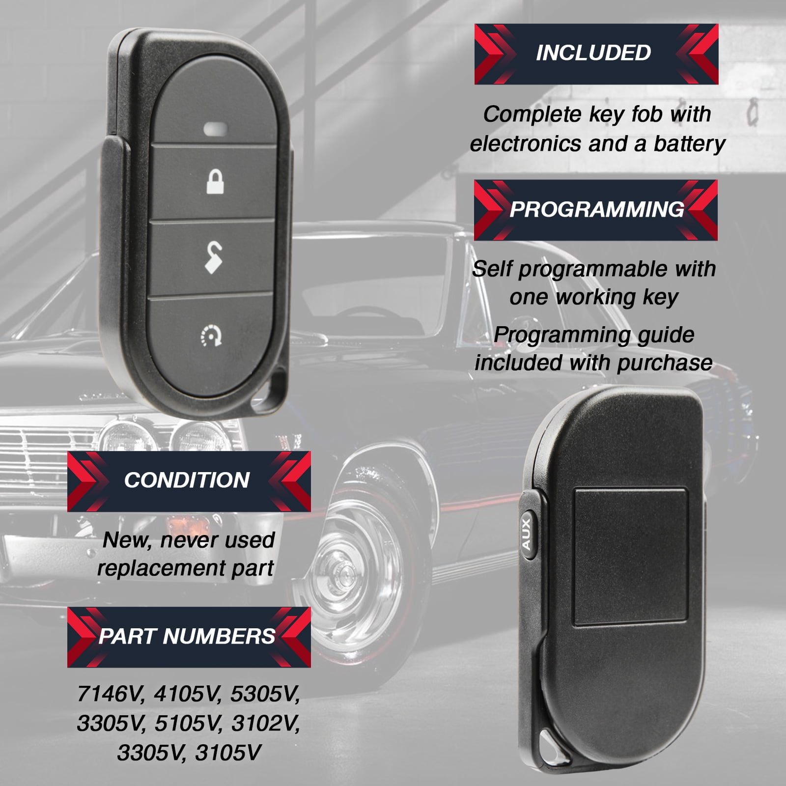 Keyless Entry Remote Car Key Fob 4btn Replacement for Viper Alarm Security System (7146V, 4105V, 5305V, 3305V, 5105V, 3102V, 3305V, 3105V)