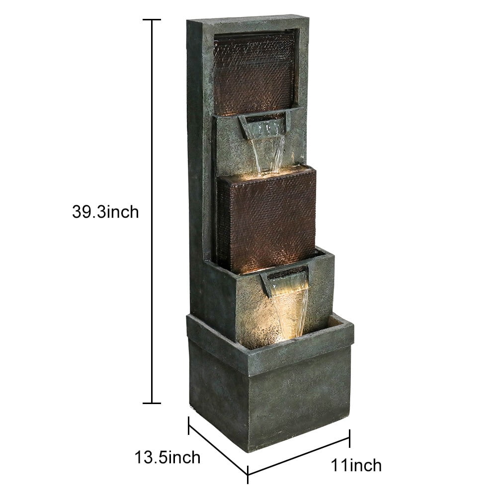 SunJet Modern Indoor Outdoor Waterfall Fountain - 39.3”Tall Relaxing Soothing Outdoor Freestanding Fountains with Lights&Pump
