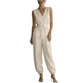 thumbnail image 2 of Pounoo Women's Jumpsuits V Neck Sleeveless Tie Waist Solid Jumpsuit Daily Wear Lightweight Breathable Loose Fit Casual Jumpsuits Gift, 2 of 7