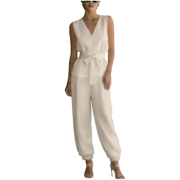 PRINxy Women's 2 Piece Solid Tie Front Set Sleeveless V-Neck Wrap Top and Elastic Waist Jogger Pants Pocket Casual Lounge Outfit Beige XXL