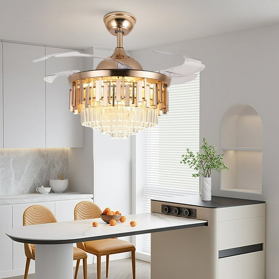 42-inch Gold Crystal Invisible Ceiling Fan - 4 Tier Prism Blades, 3500K Dimmable LED & 5000 CFM Airflow, 4"/8" Downrods for Cathedral Ceiling etc