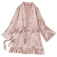 thumbnail image 3 of Feancey Women's Satin Robe Valentines Lingerie for Women Flare 3/4 Sleeve Kimono Bathrobe Short Ruffle Belted Robes Bridesmaids Sleepwear Pink M, 3 of 10