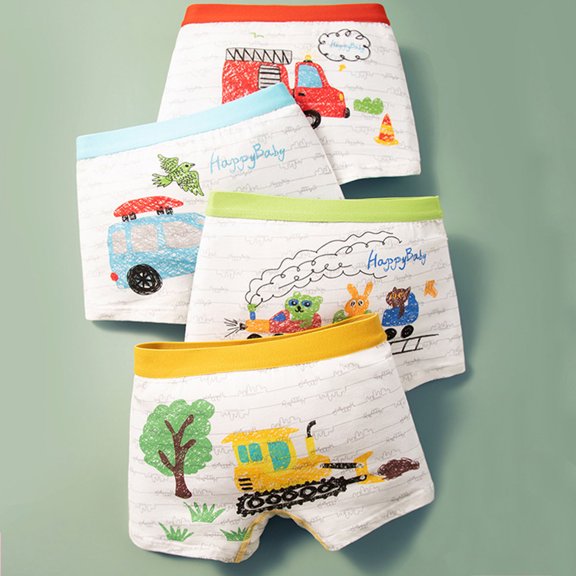 Boys' Boxer Briefs Cartoon Dinosaur Car Boys Briefs For Kids Comfortable Breathable Soft Elastic Waistband Boyshorts Underwear, 4 Pack, 4-14 Years