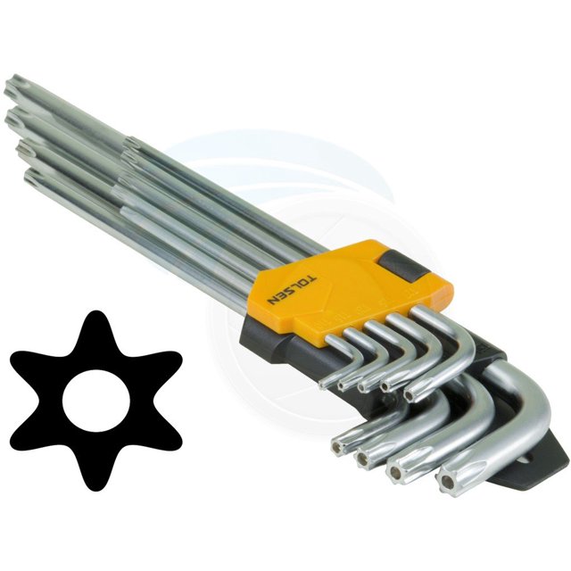 Juego de llaves hexagonales Torx de brazo Extra largo, estrella con llaves de ranura de pasador de eje, 9 Uds.