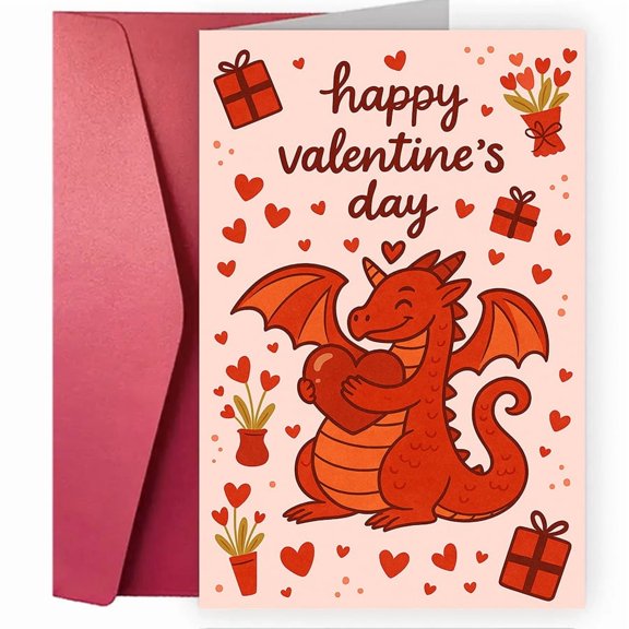 Valentine's Day Card with Adorable Dragon Design – "Happy Valentine's Day" Greeting – Envelope Included, Blank Inside – Perfect for Partners, Friends, and Loved Ones