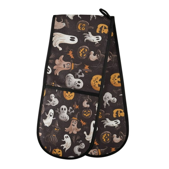 35" x7" Double Oven Mitt Heat Resistant Oven Gloves Withstands Up to 200°C for Kitchen Baking & BBQ Halloween-themed Cartoonish Ghosts Characters