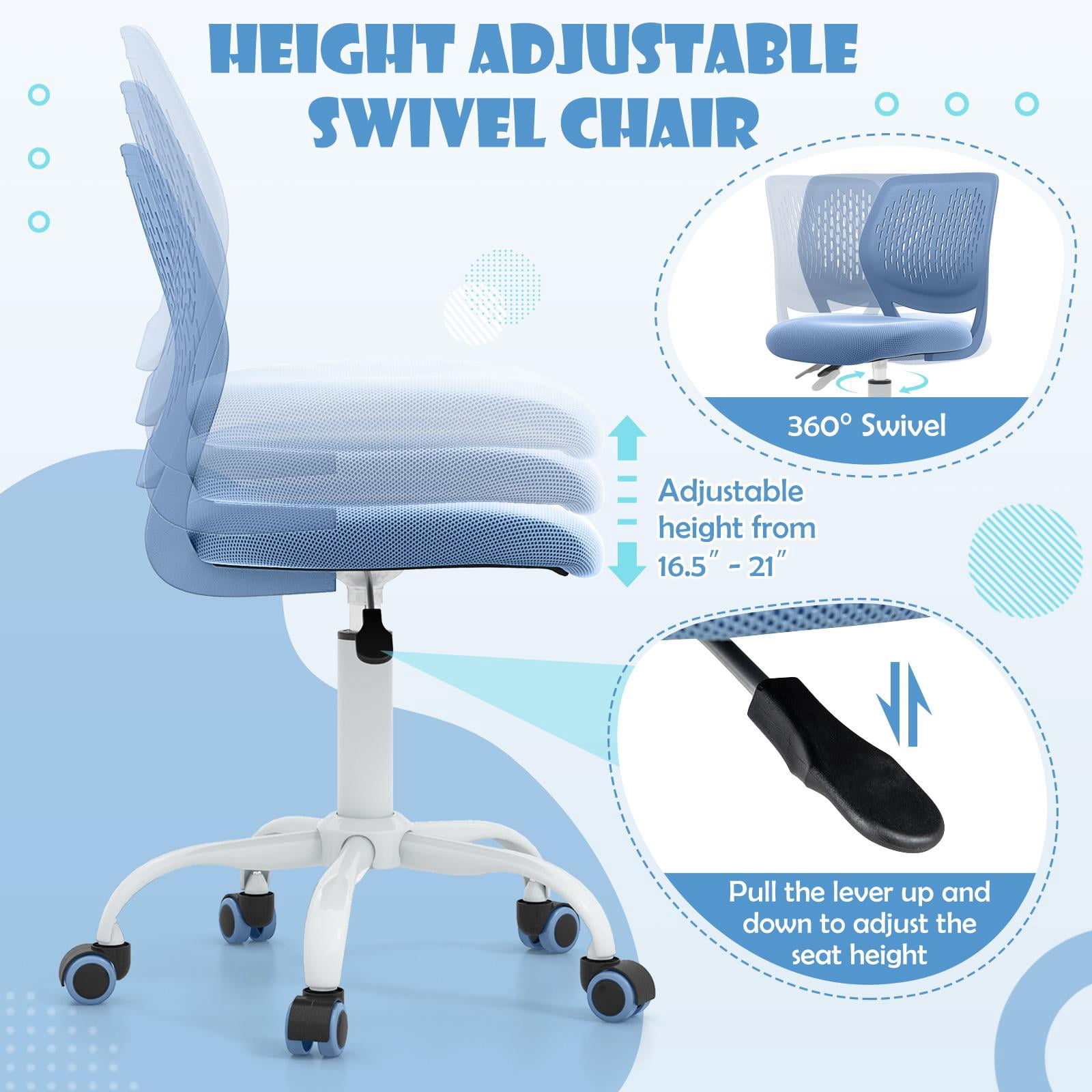 Giantex Kids Desk Chair, Adjustable Swivel Chair for Children, Armless Mesh Task Student Study Chair w/Lumbar Support & Adjustable Height, Rolling Computer Chair, Blue