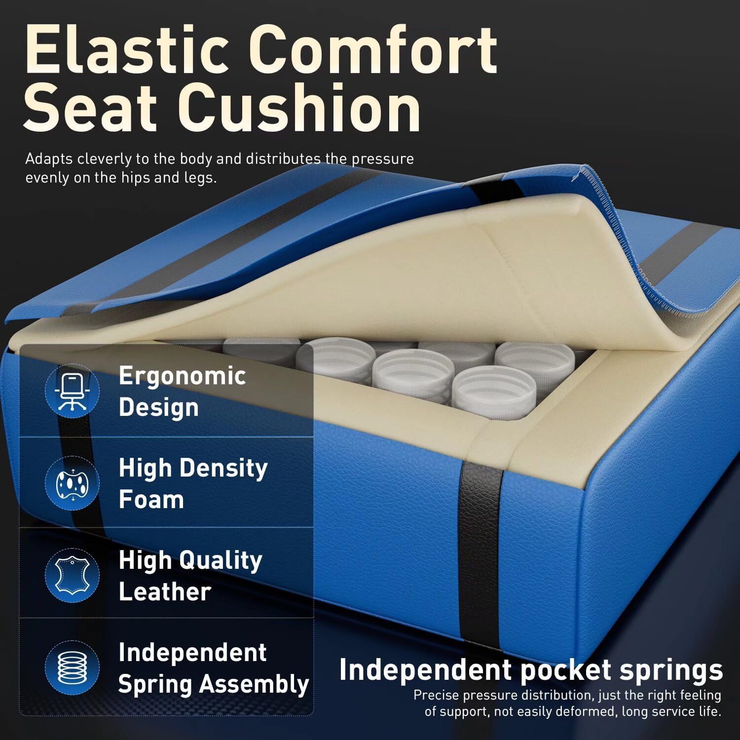 HLDIRECT Ergonomic High Back Gaming Chair with Pocket Spring Cushion, Game Chair with Footrest & Lumbar Massage, Gamer Chair, Computer Chair for Adults, Black & Blue