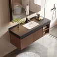 thumbnail image 3 of 48" Floating Bathroom Vanity with Sink, Modern Wall Mounted Vanity Bathroom Storage Cabinet with V-Shaped Fluted Drawers Door, Ceramic Basin, Open Shelf, Walnut, 3 of 6