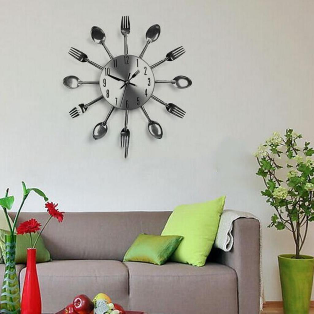 Wall Clock Metal Kitchen Cutlery Utensil Creative Home Decor Wall - Black
