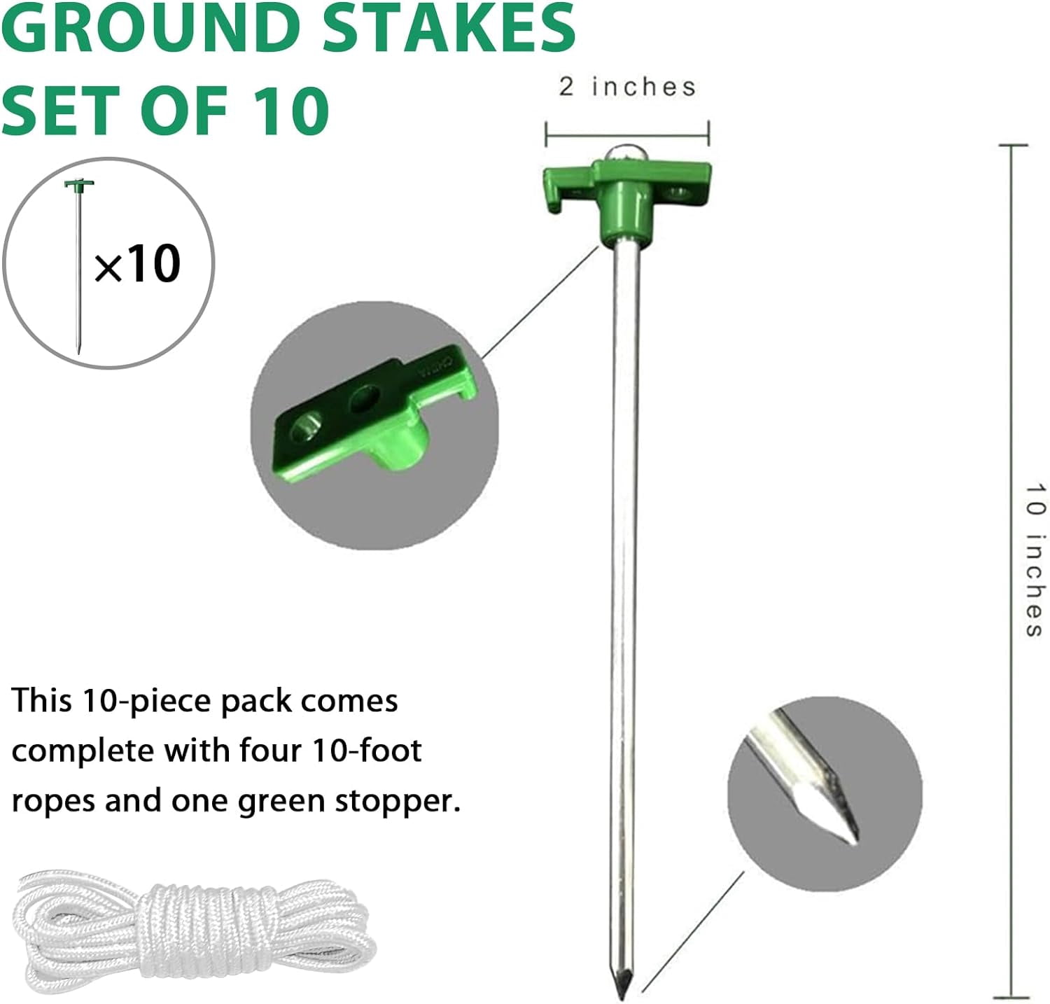 USA Galvanized Non-Rust Camping Family Tent Pop Up Tent Stakes Canopy Anchors Heavy Duty 10pc-Pack, with 4x10ft Ropes & 1 Green Stopper