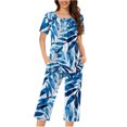 thumbnail image 2 of GaThRRgYP Womens Pajama Sets Clearance under $10,2PC Women's Solid Color V Neck Lace Splicing Short Sleeve Sleepshirt and Pants Sets Loungewear Pajamas with Pockets Blue L, 2 of 5