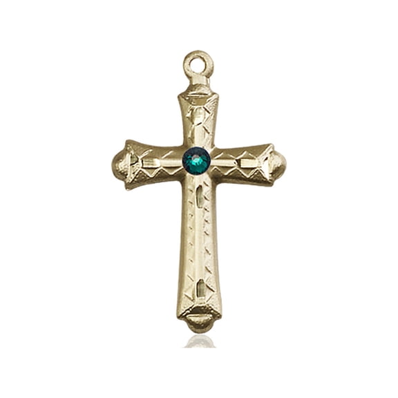 14kt Yellow Gold Cross Medal with 3mm May Green Swarovski Crystal 1 1/8 x 5/8 inches