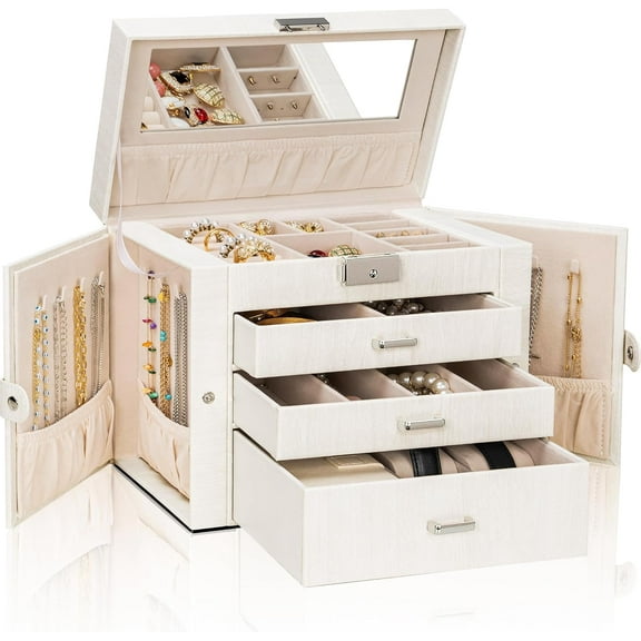 4-Tier Jewelry Box Lockable Leather Jewelry Storage Case Organizer with 3 Drawers for Women Girls Ring Necklace Earring Bracelet Watches Holder with Mirror