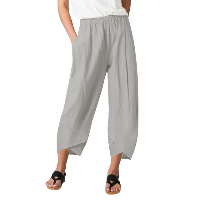 Kcodviy Womens Daily Casual Eight Comfortable Business Casual Pants for Women Length Trousers Pockets Elastic Womens Casual Drawstring Pants High Waist Ruched Bandage Waist Solid Pants