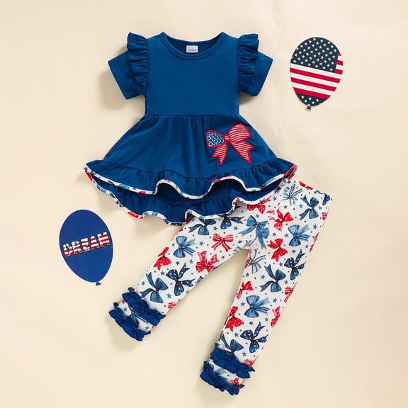 ZEHJUHAN Baby Girl Independence Day Summer Outfit Ruffled Top & Bow-Print Leggings Set Patriotic Toddler Clothing Blue,18-24M