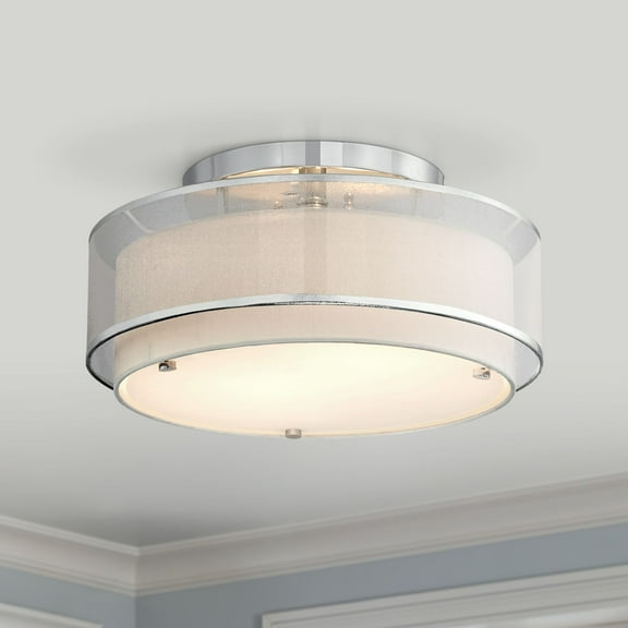 Possini Euro Design Modern Ceiling Lighting Semi Flush Mount Fixture 16" Wide Chrome 2-Light Sheer Outer Off White Inner Drum Shade for Bedroom House