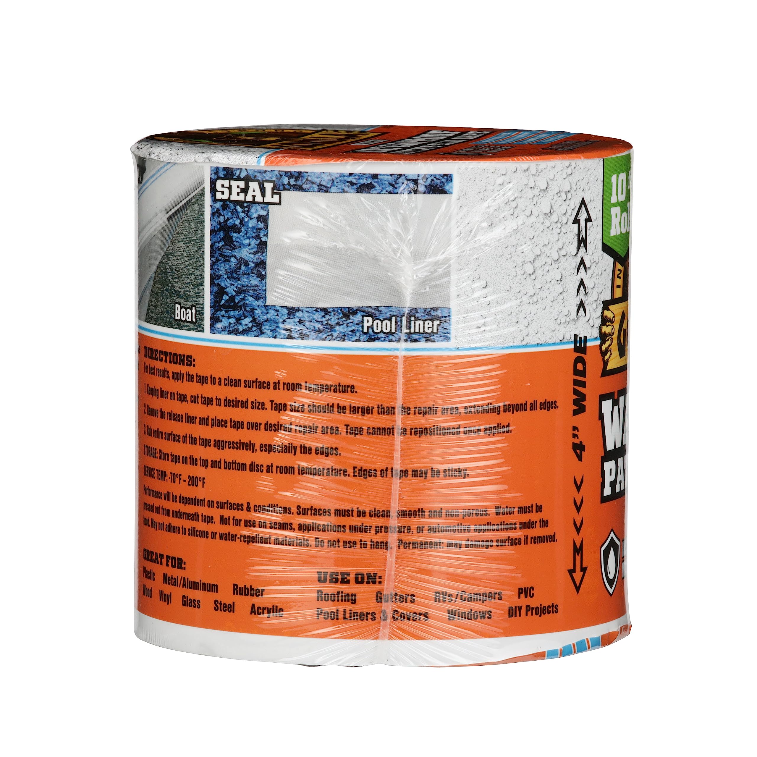 Gorilla Waterproof Patch & Seal Tape, White Tape, 4" x 10' (Pack of 2) - Permanent Weather Resistant Seal for Leaks and Repairs