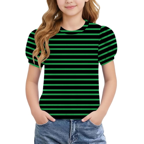 BRGZLK Girls Puff Sleeve Tops Kids Summer Striped Crewneck Short Sleeve T Shirts Soft Comfortable Casual Basic Tees Army Green 12-13Y