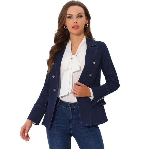 Chaquede mezclilde oficide trabajo de manlarcon solade jeans pamujer con bolsillos azul negro L