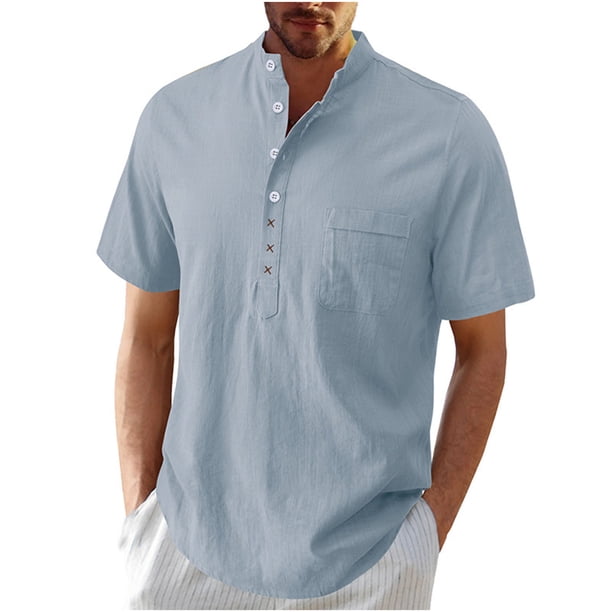 Mens Casual Manga Corta Botón Abajo Camisas, Verano Color Sólido, Cuello de Soporte Bolsillo Camisa Turndown