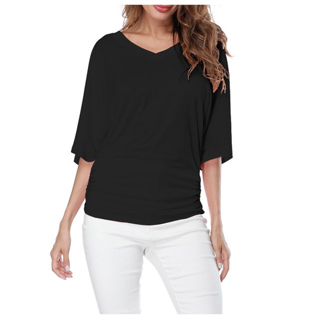 Plus Size Women's V Neck T Shirt: Batwing Sleeve, Loose Fit, Solid Color, Comfortable