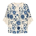 thumbnail image 4 of Women's T-Shirts 3/4 Length Sleeves Floral Top Flowy Ruffle Sleeve Half Button Down Shirt Summer V Neck Blouse Bubble Wrinkles Material 1PC Top Size S-3XL Oversized Tshirts For Women, 4 of 5