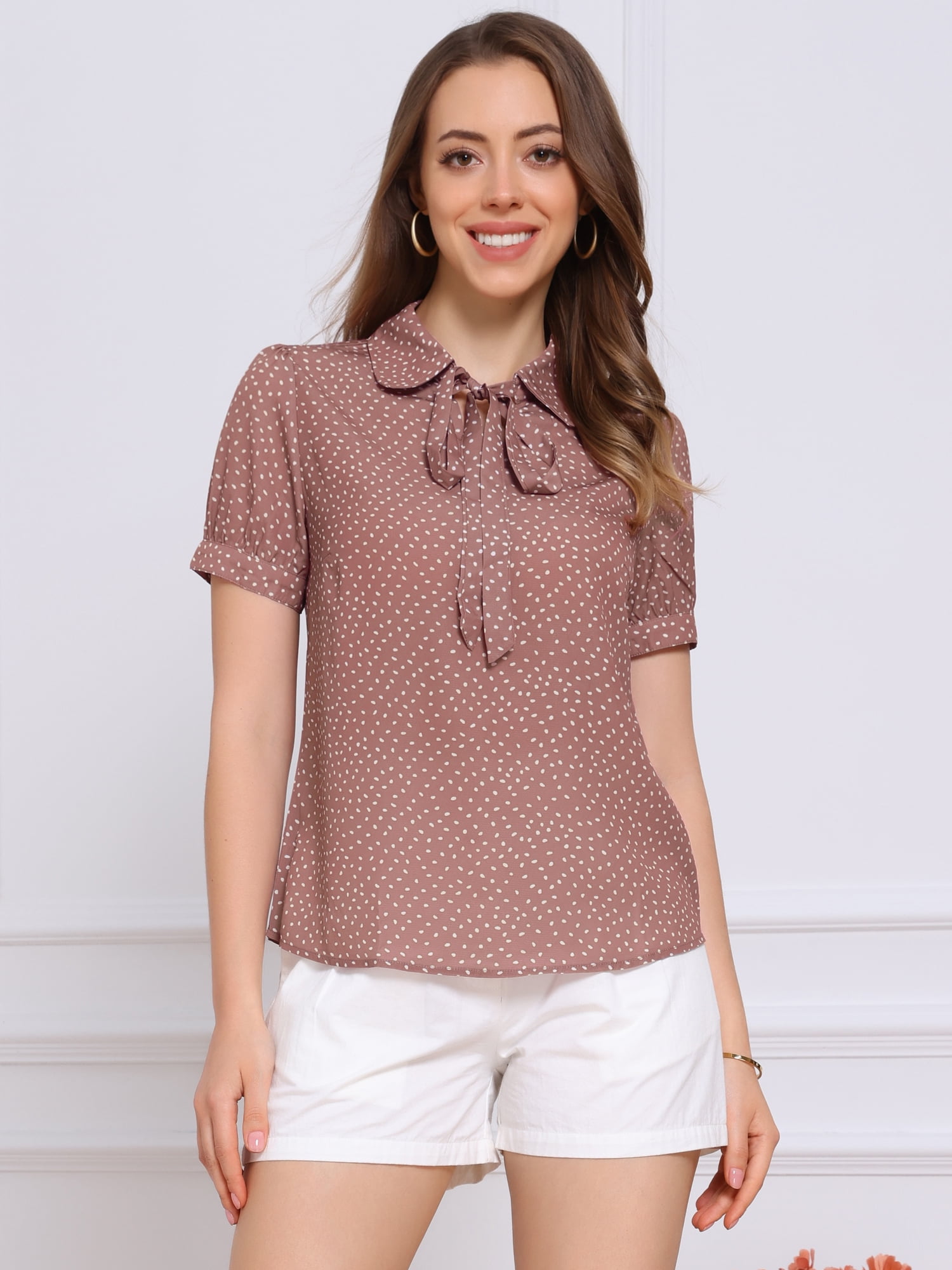DARING DIVA Women's Polka Dots Tie Bow Chiffon Blouse XL Dark Pink-Dots