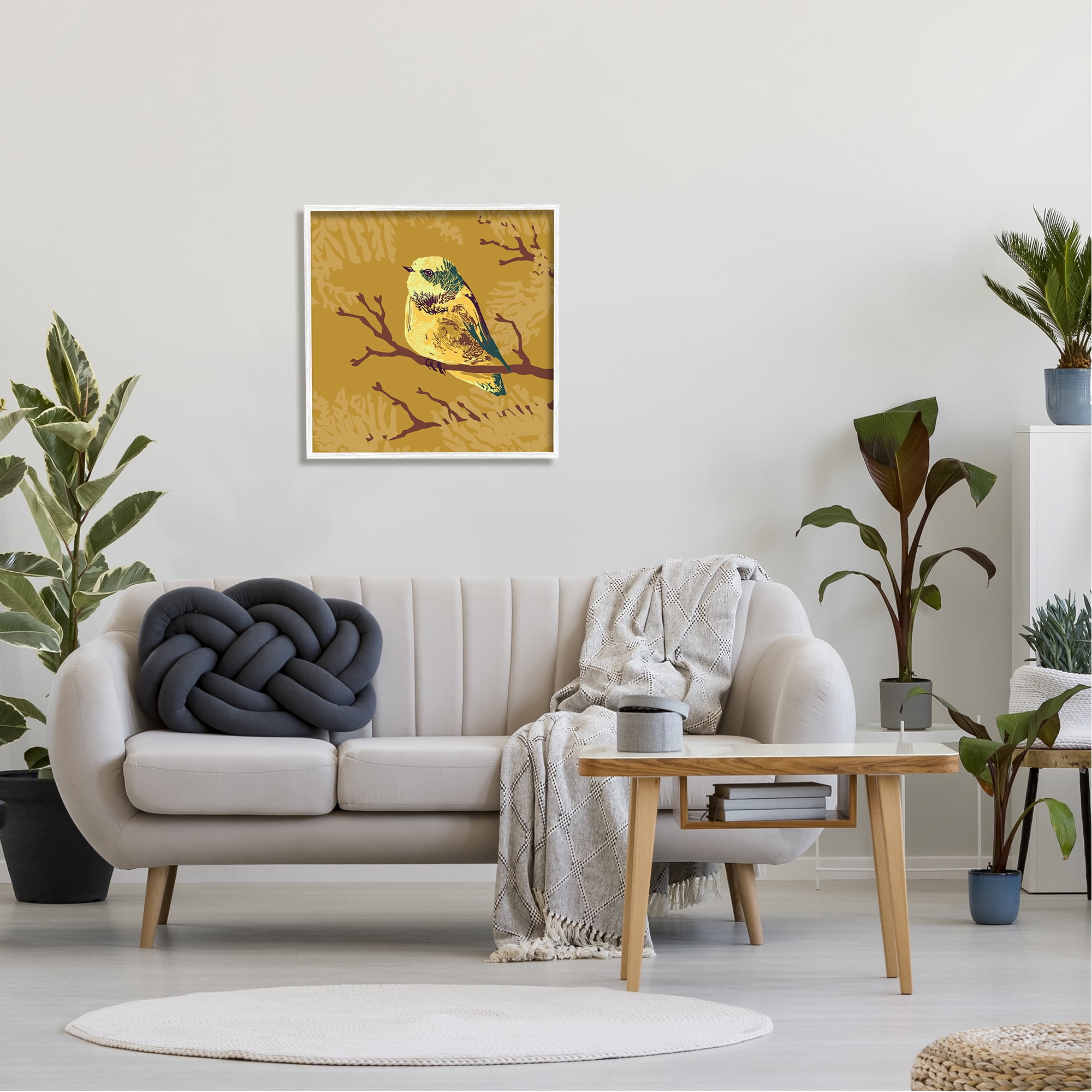 Stupell Industries Small Yellow Bird Perched Wildlife Animal Portrait Graphic Art White Framed Art Print Wall Art, Design by Verbrugge Watercolor