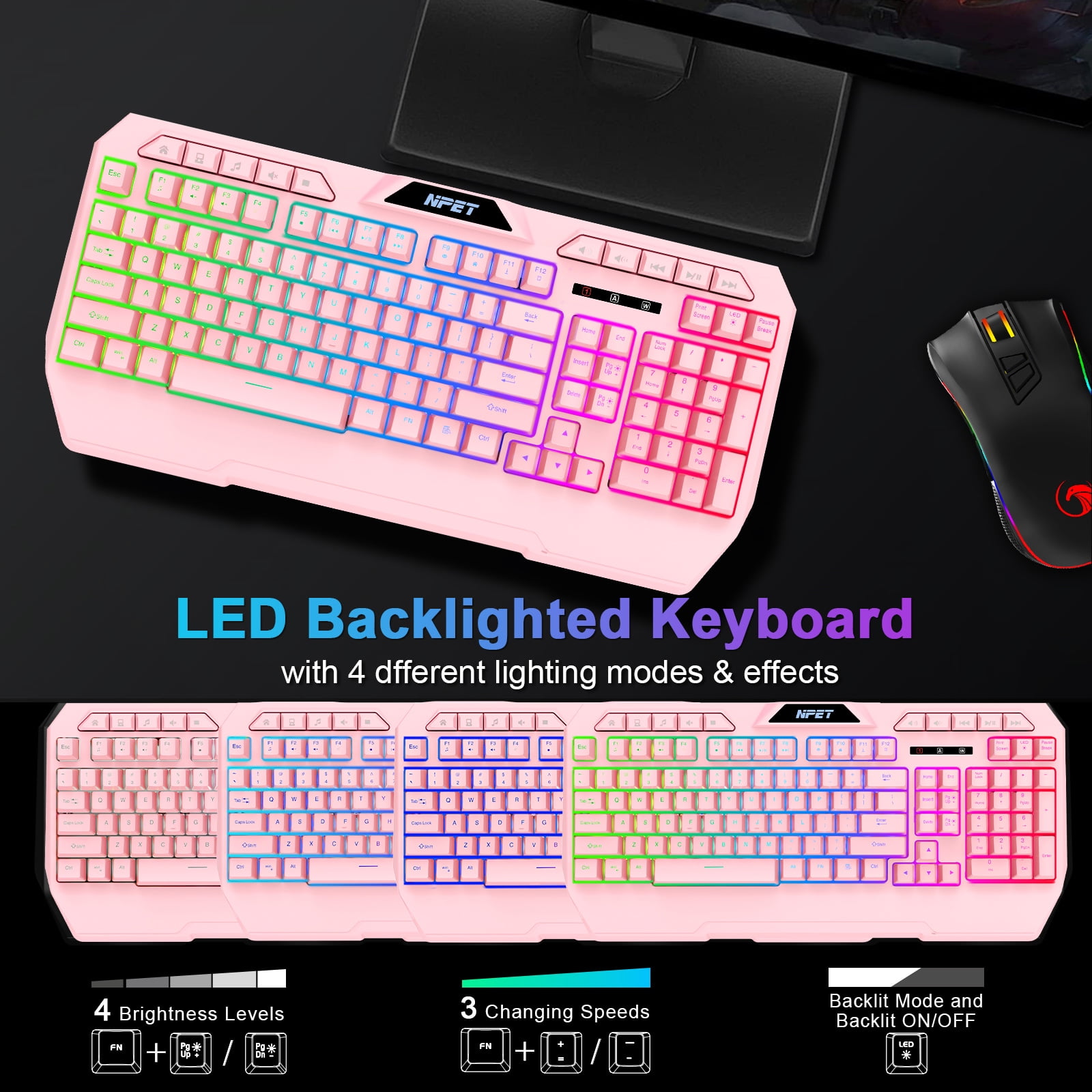 NPET Teclado RGB para jogos sem fio K32 com descanso de pulso