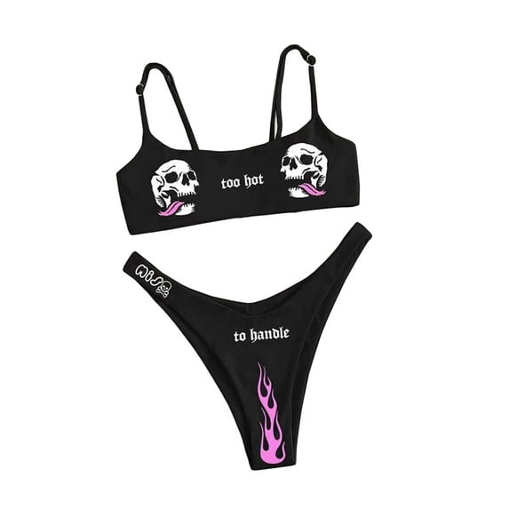 KOMOO Women Fashion Bikini Set Skull Print Bikini Swimwear String Triangle Letter Print Bathing Suits Beachwear